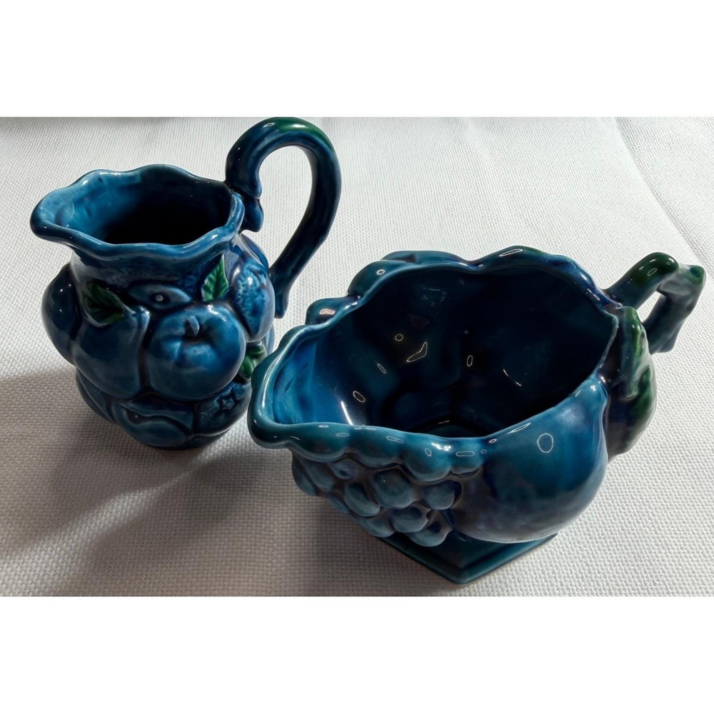 Vintage‎ Inarco Japan Blue Fruit Ceramic Creamer and Sugar Bowl Set E3713 Teal